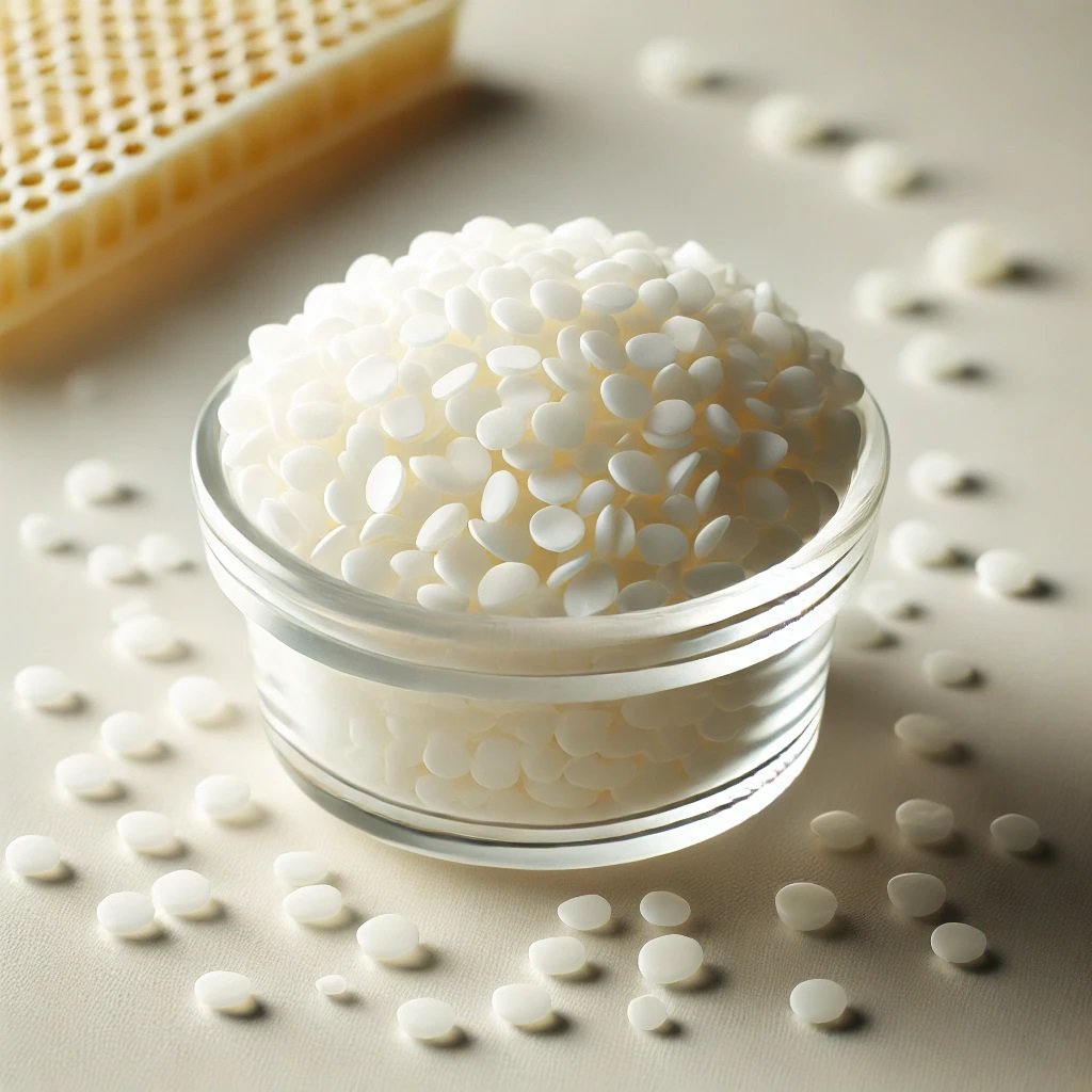 DALL·E 2024-08-15 07.40.39 - A clean, simple image of white Beeswax, showing its typical solid form as small, flake-like white pellets. The beeswax pellets should be placed in a p.jpg