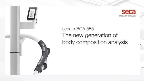 Seca mBCA 555 body composition analysis device with a display screen, a connected handheld scanner, and the seca logo, with the text 'seca mBCA 555 The new generation of body composition analysis'.