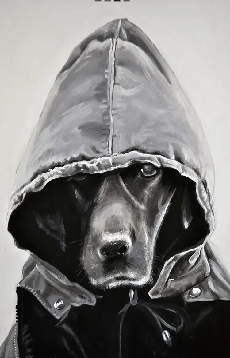Painting of a dog wearing a hooded jacket with the hood pulled over its head, mostly obscuring its face. The painting is in black and white.