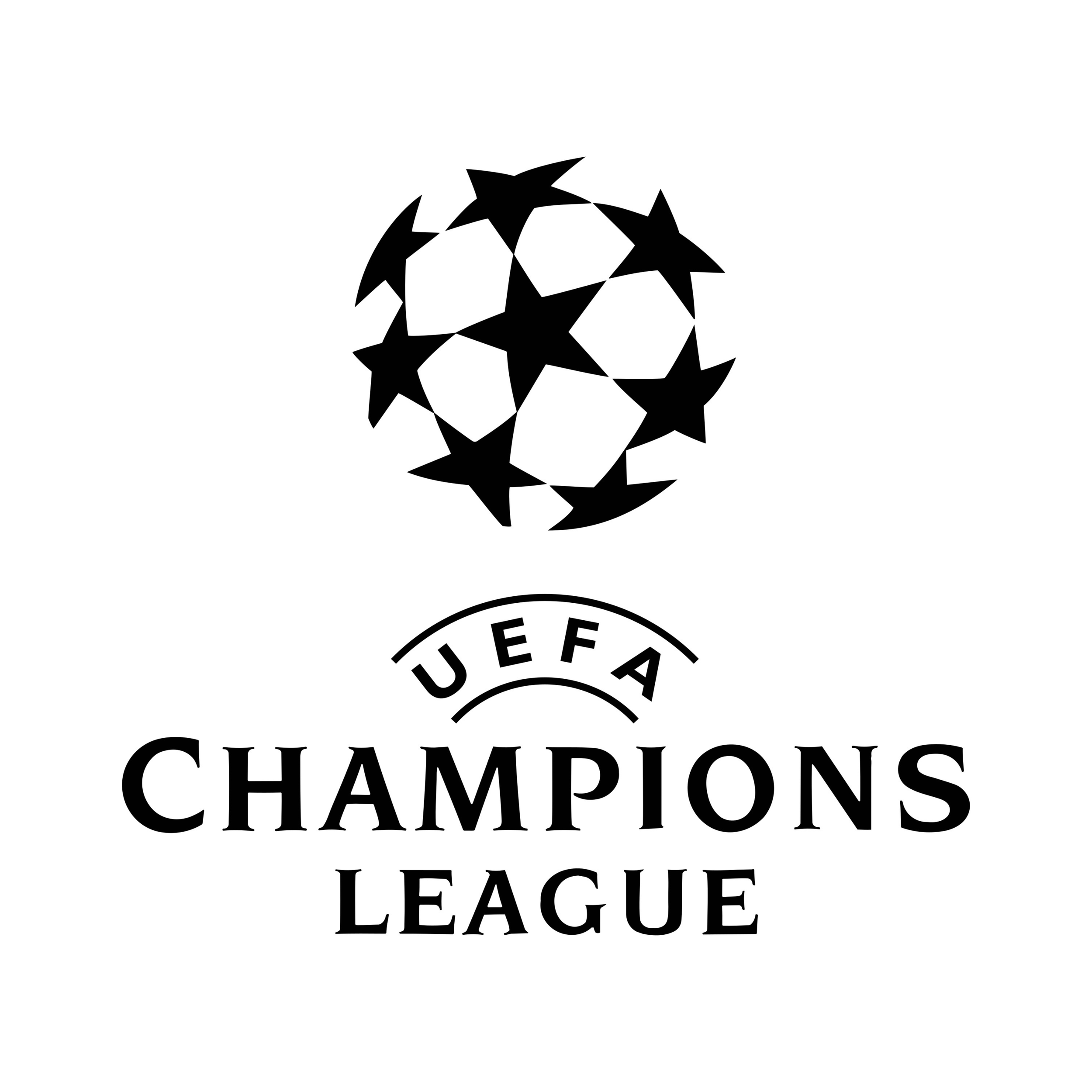 UEFA Champions League logo with a stylized black star ball and circular text.