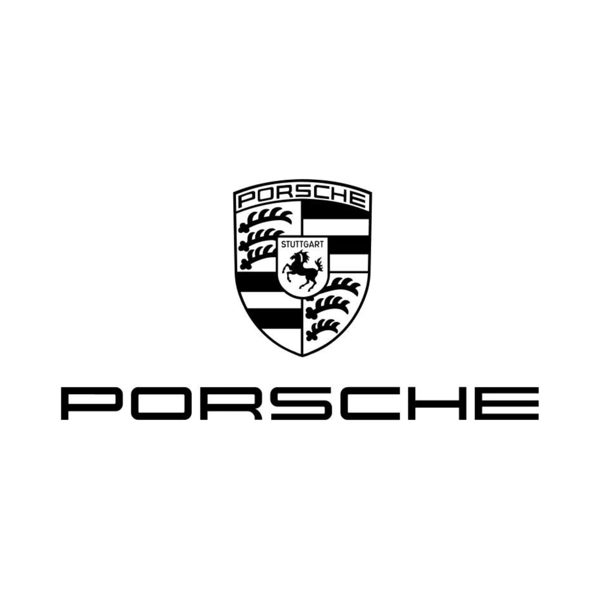 Black and white Porsche emblem with a shield design featuring a horse and the words Porsche and Stuttgart.