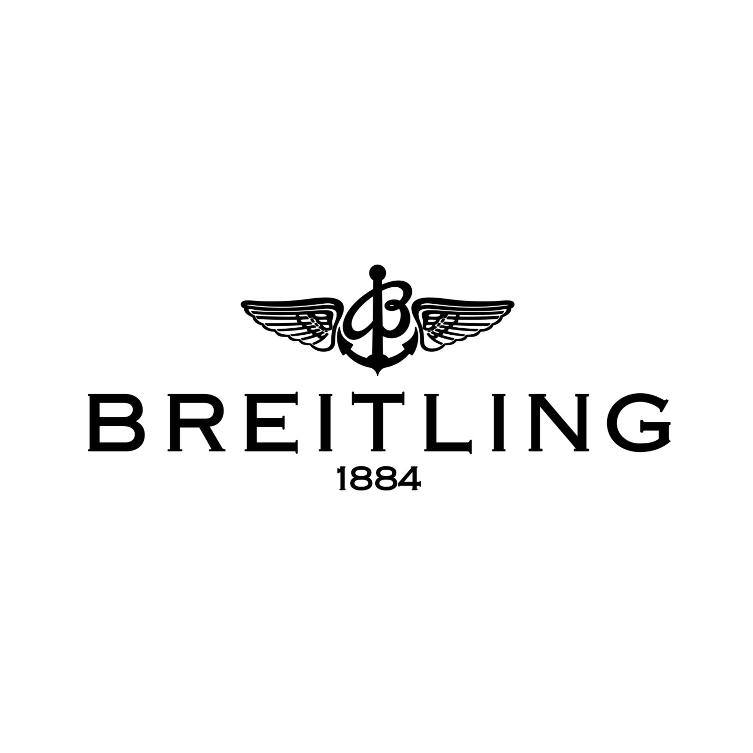Black and white logo with stylized emblem featuring an anchor, wings, and crown above the word 'Breitling' with the year 1884 beneath.