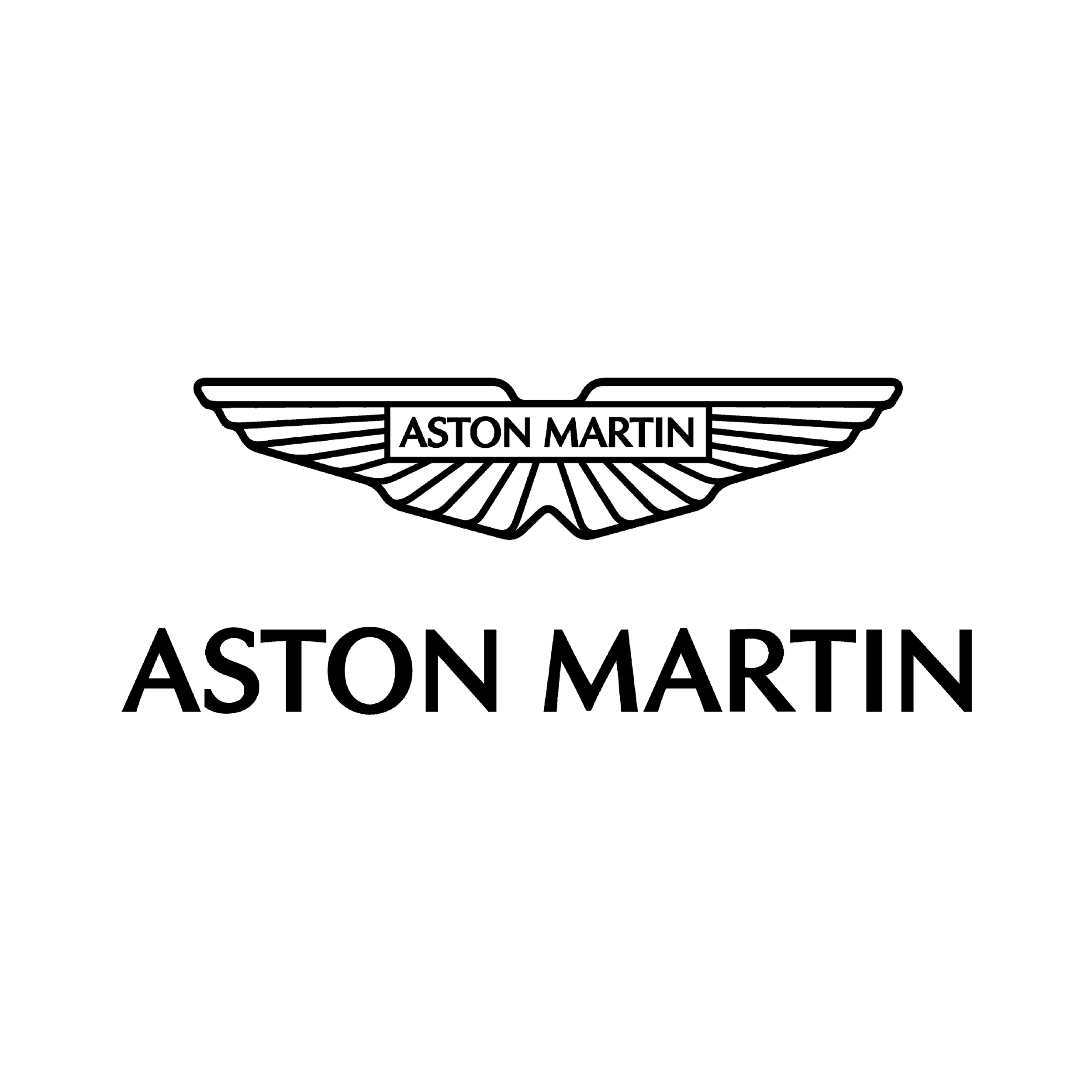 A black and white line drawing of an Aston Martin logo with the brand name in bold capital letters and wings extending on both sides.