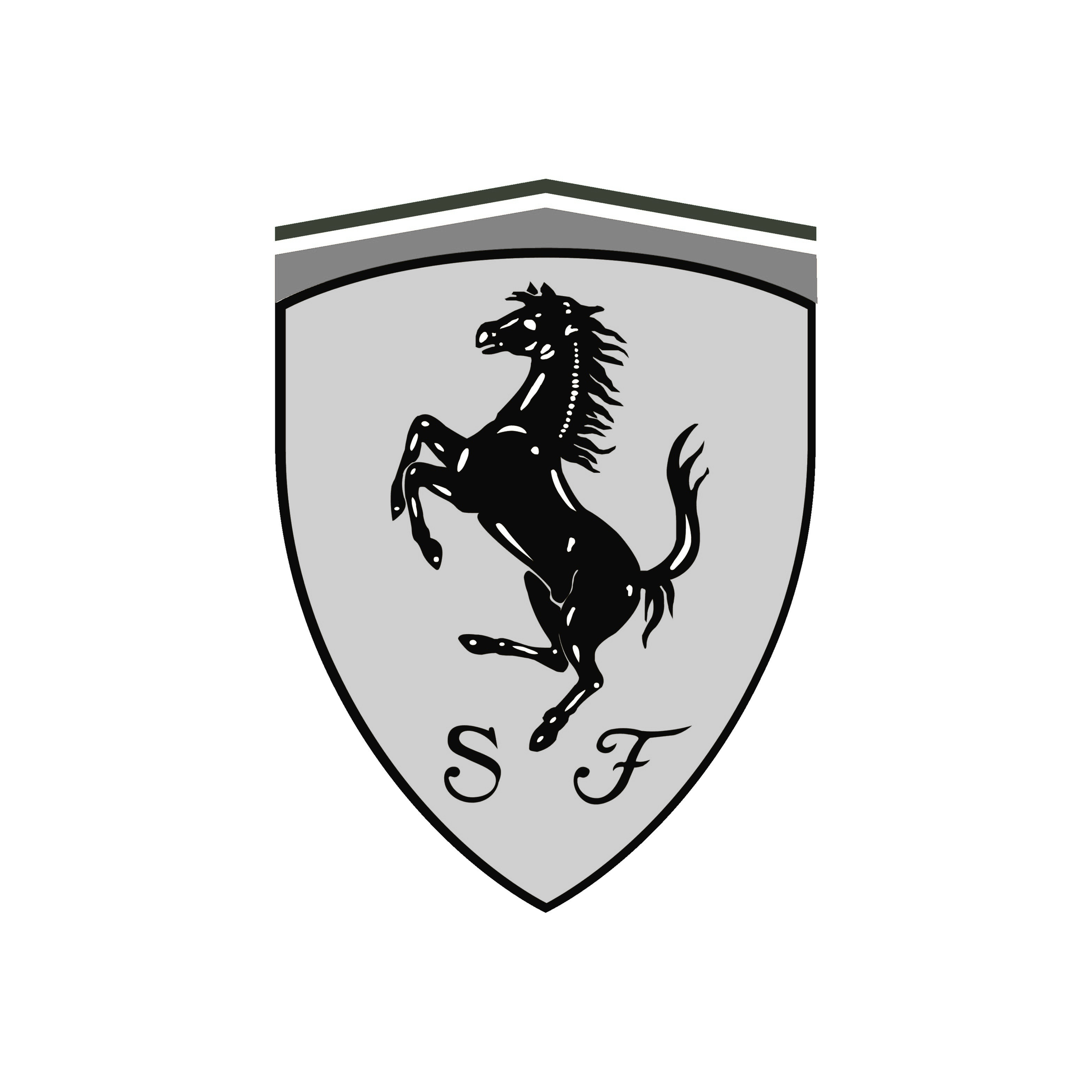 Black horse silhouette on a shield with a banner below and the initials 'SF'.