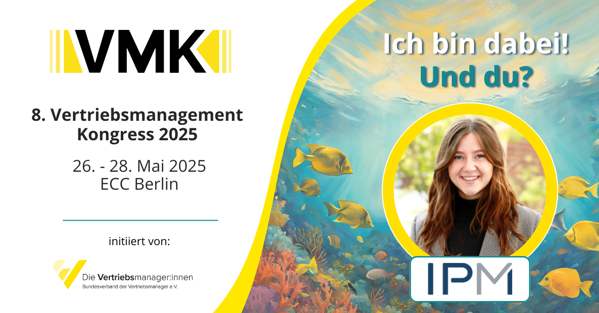 Flyer für den Vertriebsmangements-Kongress 2025 in Berlin, vom 26. bis 28. Mai 2025, mit Meeresmotiven und einem Foto einer lachenden Frau, ergänzt durch die Texte