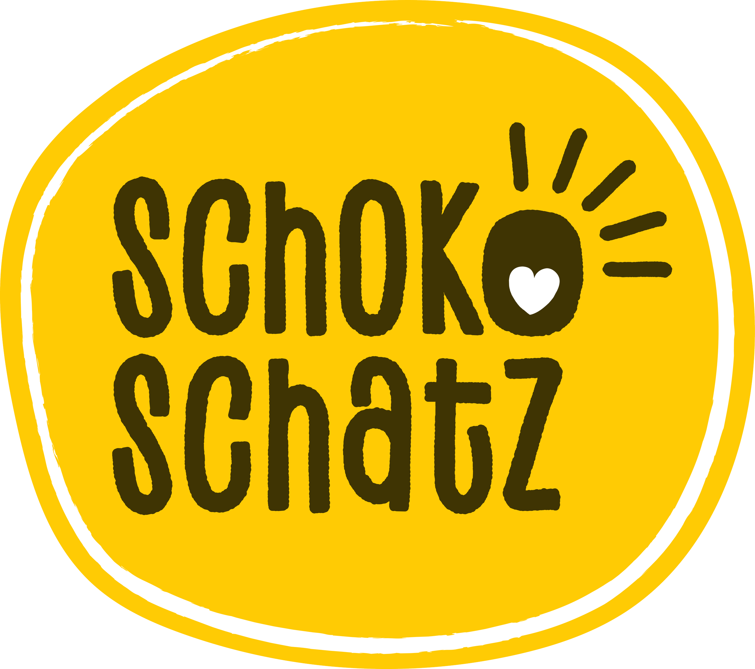 Ein gelber, runder Sticker mit schwarzen, handgeschriebenen Buchstaben, die das Wort 'Schoki' enthalten, und einem kleinen weißen Herz in der Mitte.