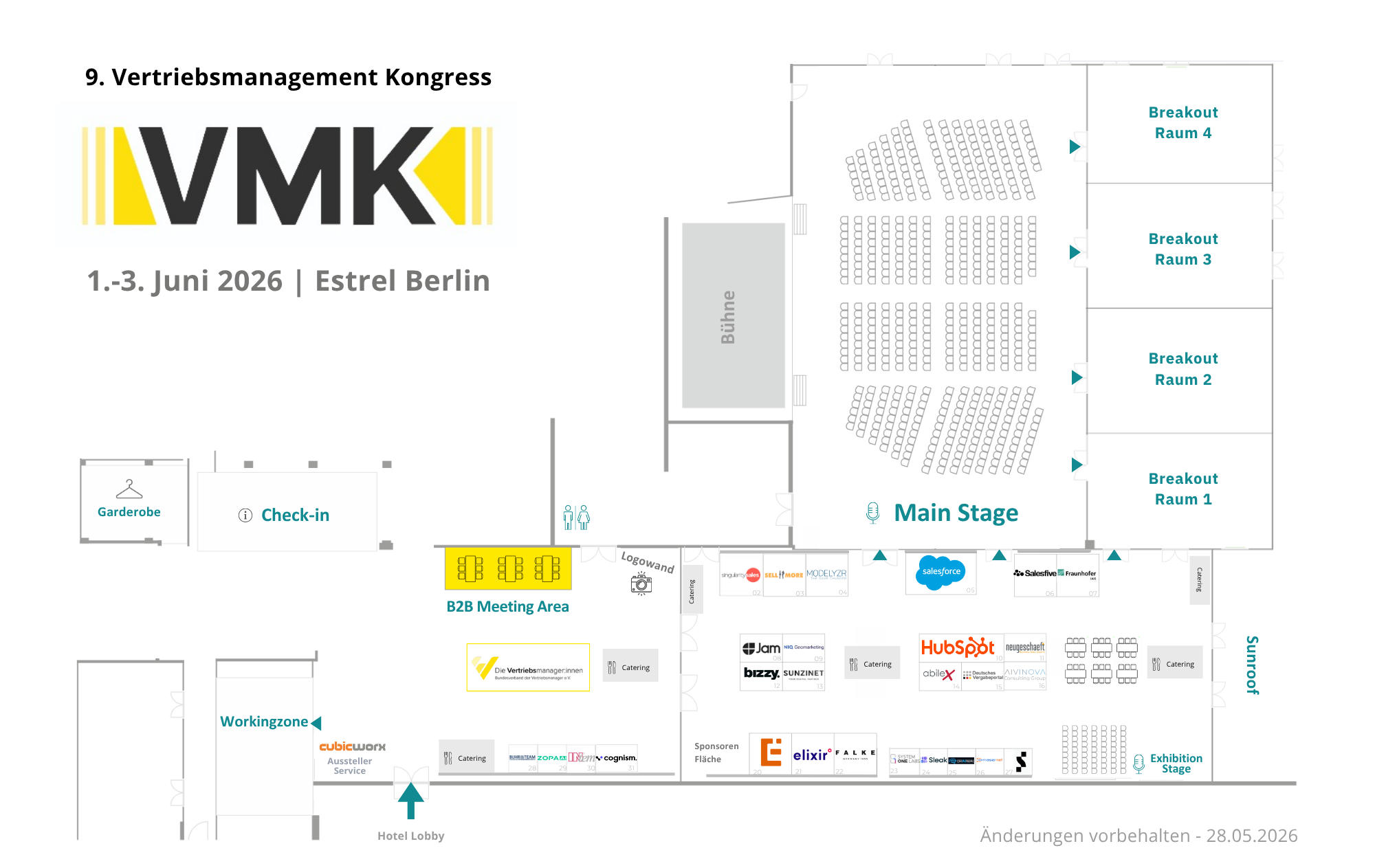 Veranstaltungsplan für den Vertriebskongress VMK vom 1. bis 3. Juni 2026 im Estrel Berlin, mit Sitzplänen für Konferenzräume, Bühnen, Pausenbereiche, Catering-Stationen, B2B Meeting Bereich, Ausstellerbereiche, Working Zone, Hotel Lobby, und Sponsorenflächen.