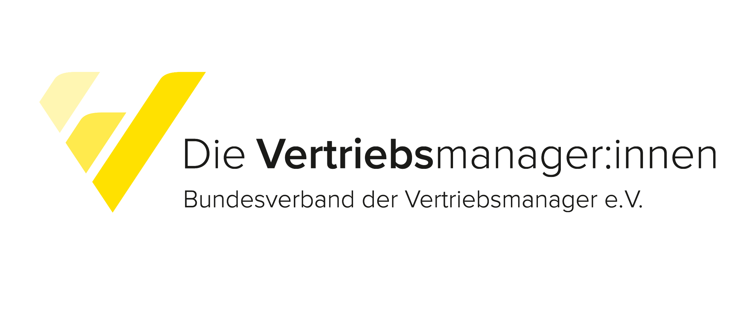 Logo der Bundesverband der Vertriebsmanager e.V. mit schwarzem Text und einem gelb-schwarzen stilisierten Symbol auf weißem Hintergrund.