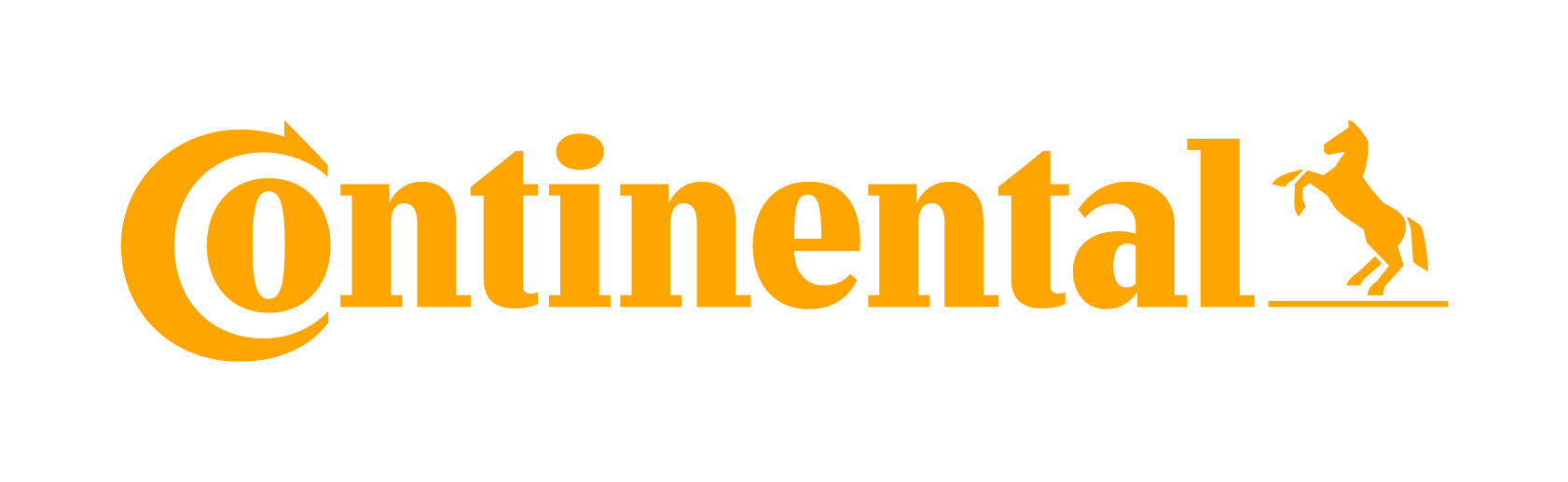 Das Logo der Marke Continental mit dem Schriftzug in orange und einem springenden Pferd auf der rechten Seite.