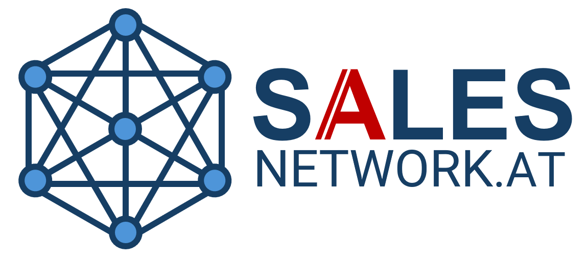 Grafische Darstellung eines Netzwerks mit verbundenen Knoten, daneben der Text "SALES NETWORK.AT" in bunten Buchstaben.