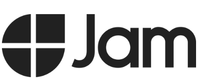 Ein schwarzes Logo mit einer halben Kreisform auf der linken Seite, aufgeteilt in vier Segmente, und dem Text 'Jam' auf der rechten Seite.
