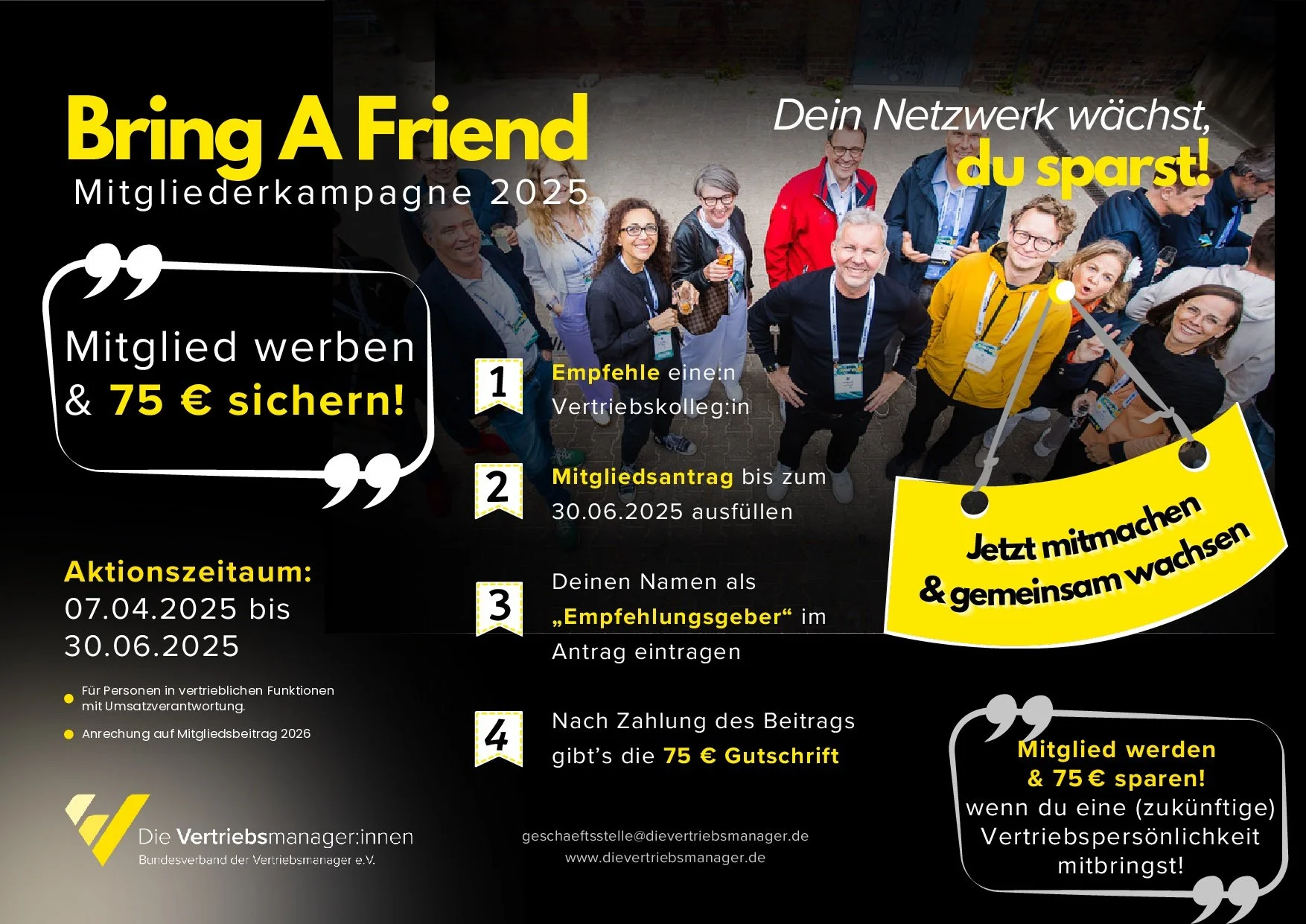 Gruppenfoto von Menschen, die an einer Kampagne für Vertriebsmanager teilnehmen, mit Textinformationen auf einem schwarzen Hintergrund. Zusätzliche Elemente sind eingängige Farben in Gelb und Weiß, sowie eine gelbe Tasche mit dem Slogan "Jetzt mitmachen & gemeinsam wachsen".