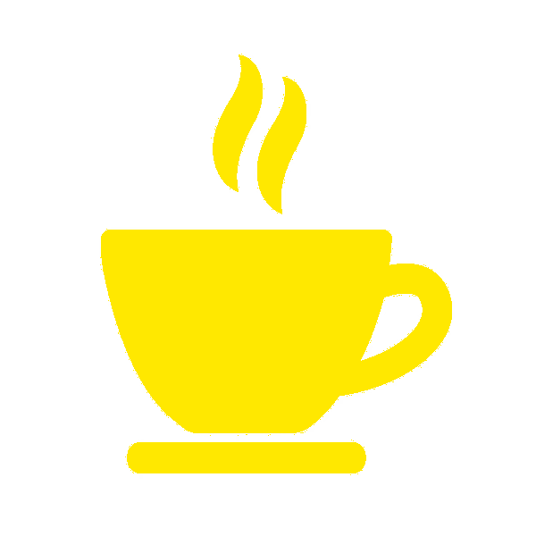 Gelber Kaffeebecher mit aufsteigenden Dampfwolken auf grauem Untergrund.