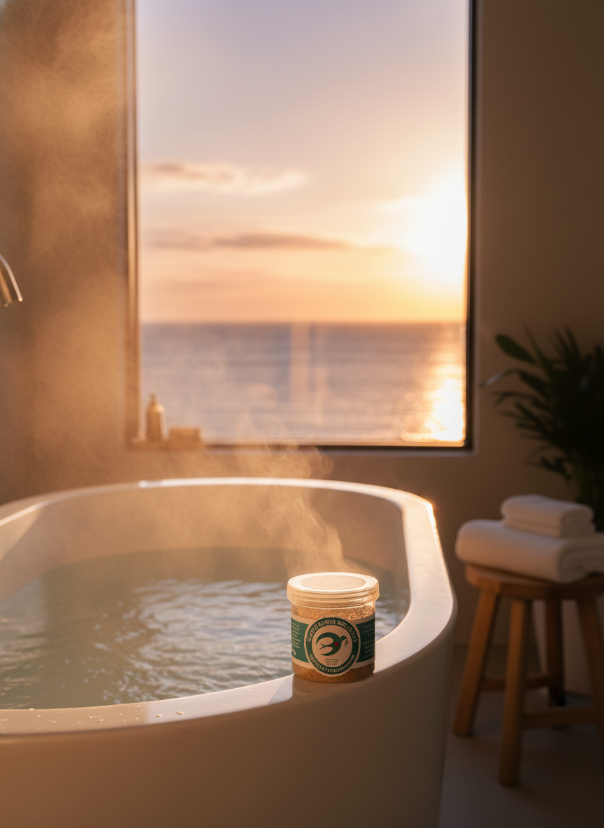 A steaming bathtub with a sunset view through a large window, a jar of green-labeled spa product on the tub's edge, and neatly folded towels on a small wooden bench beside the tub.
