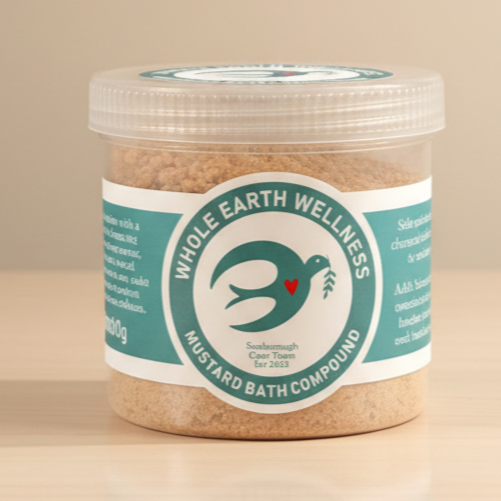 A plastic container of Whole Earth Wellness mustard bath compound with a label featuring a dove logo and a red heart.