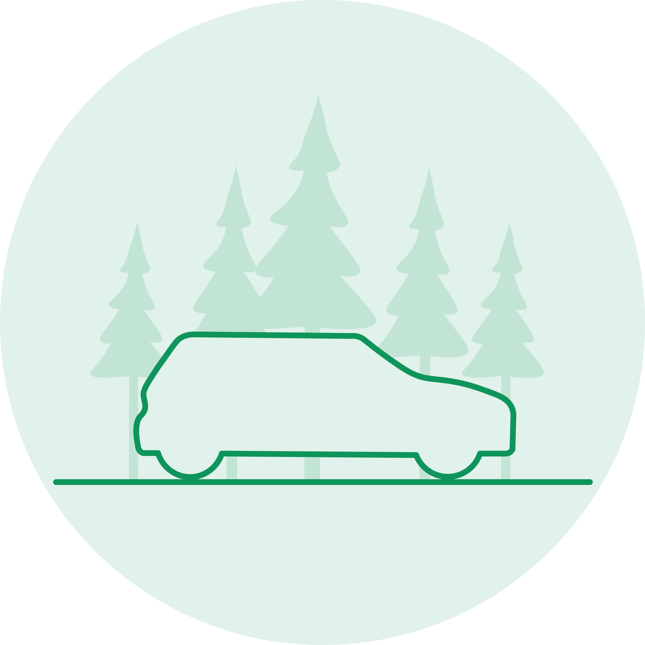 Graphic illustration of car driving on a tree lined road