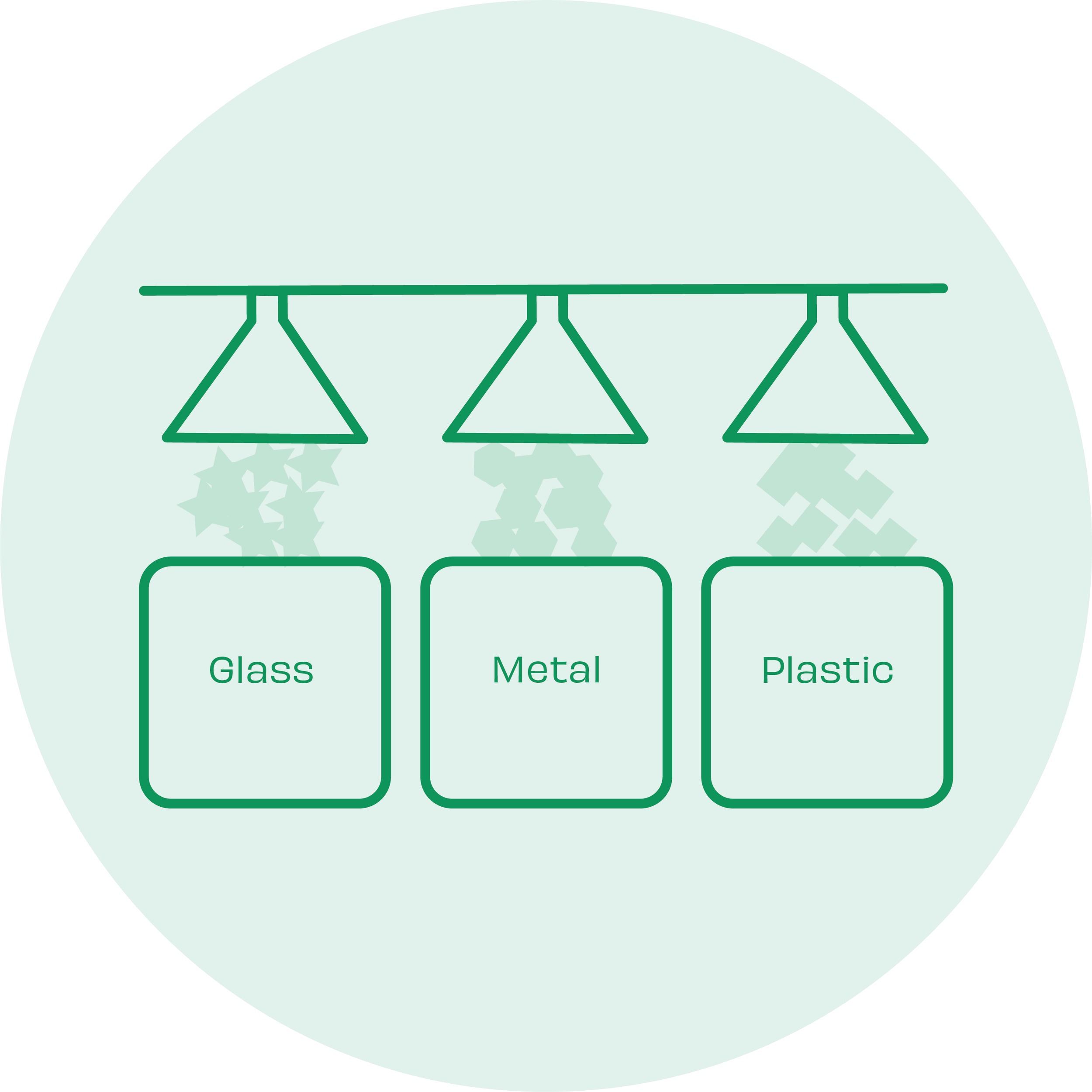 Graphic illustration of three containers with materials being funnelled into them, glass, metal and plastic