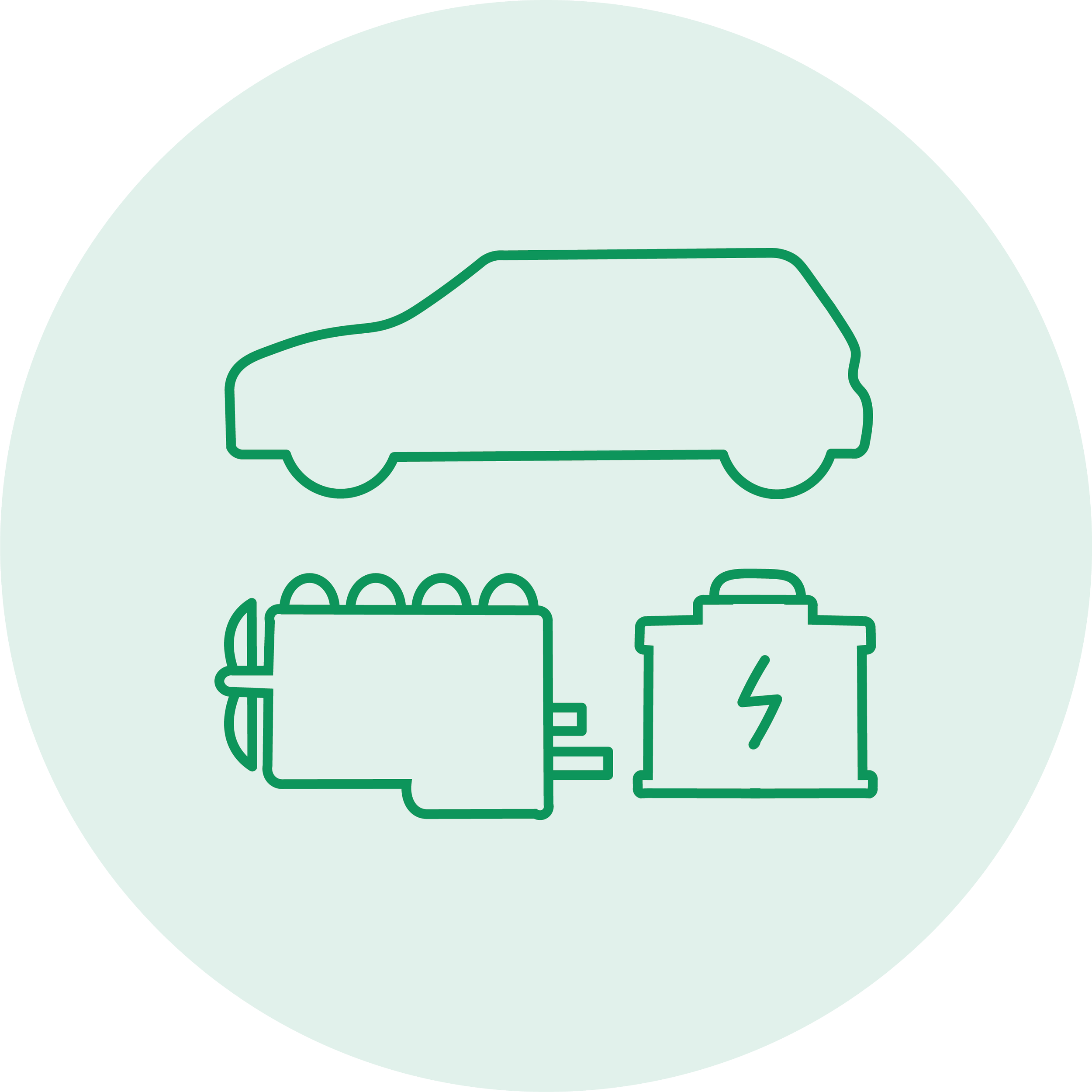 Graphic illustration of a car, an engine and a battery