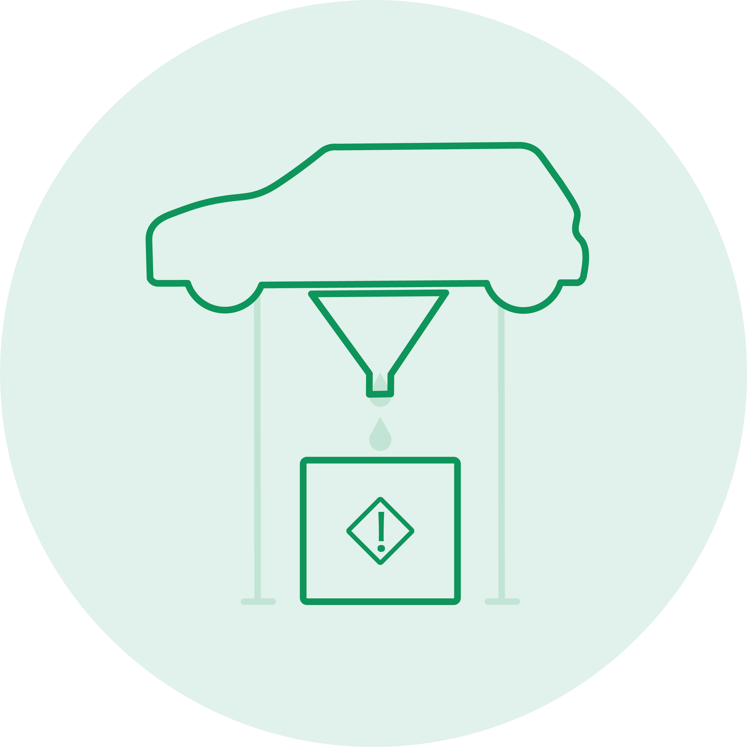 Graphic illustration shows a car on a platform, with a funnel draining fluid into a hazard container