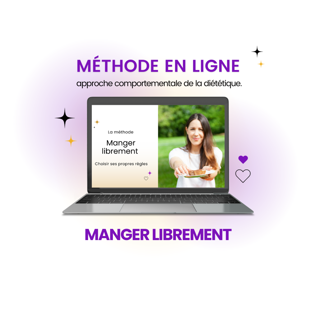 Ordinateur portable affichant une méthode en ligne intitulée "Manger librement" avec l'image d'une femme tenant une assiette. Texte supplémentaire : "Méthode en ligne", "approche comportementale de la diététique". Décoré de cœurs et étoiles stylisés.
