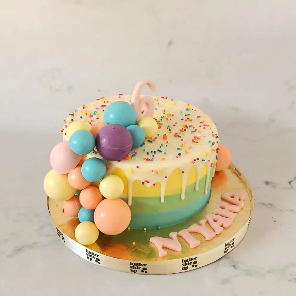 Rainbow colored cake

Customized cakes bangalore, rainbow colored chocolate balls, buttercream