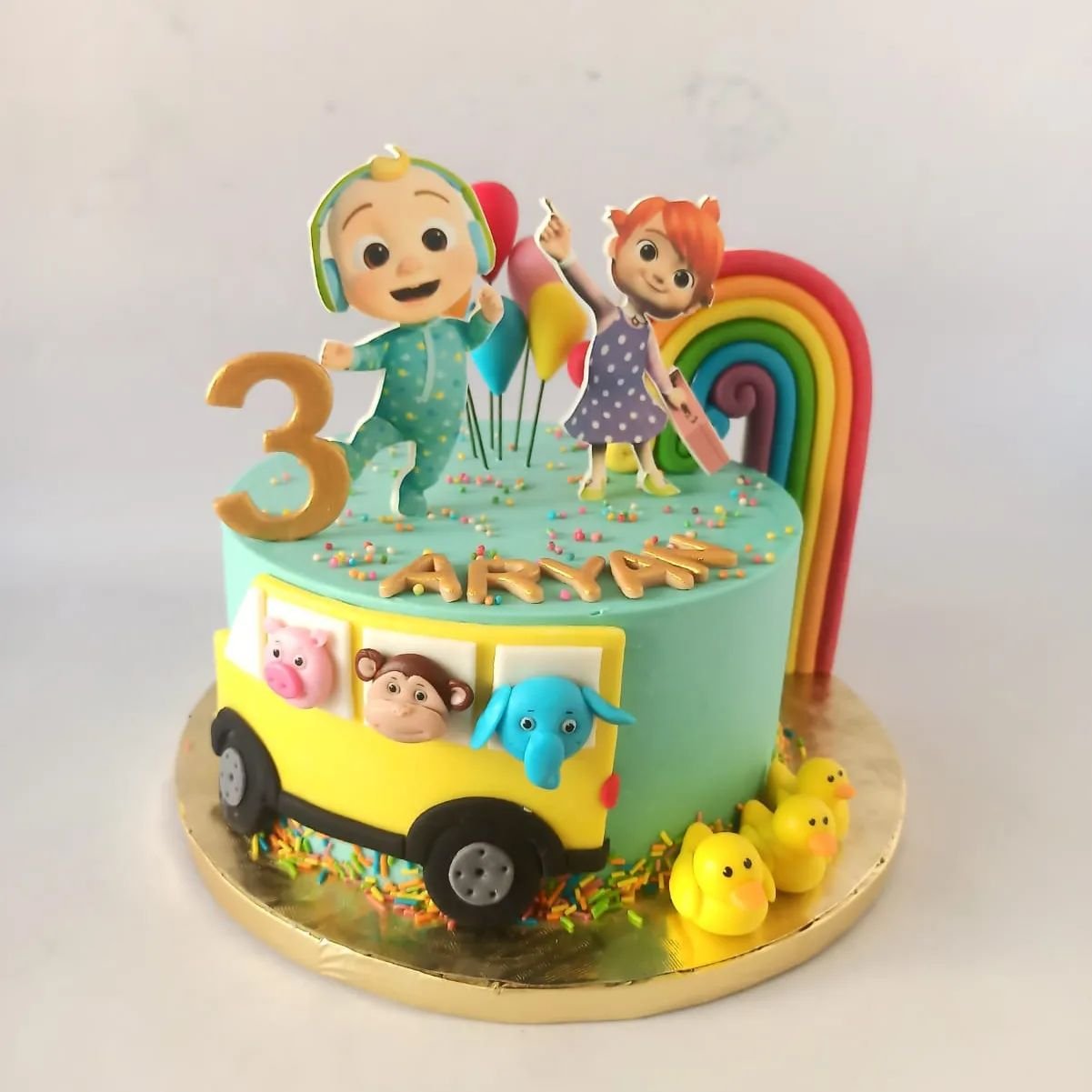 Cocomelon themed cake

[ rainbow , wheels on the bus cake, butter cream base, customized cakes bangalore]