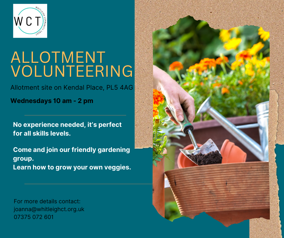 Flyer for Whitleigh Big Local Allotment Volunteering event, featuring cartoon carrots, a woman holding a plant, and a man working with a saw on a workbench. Includes contact information and location details.