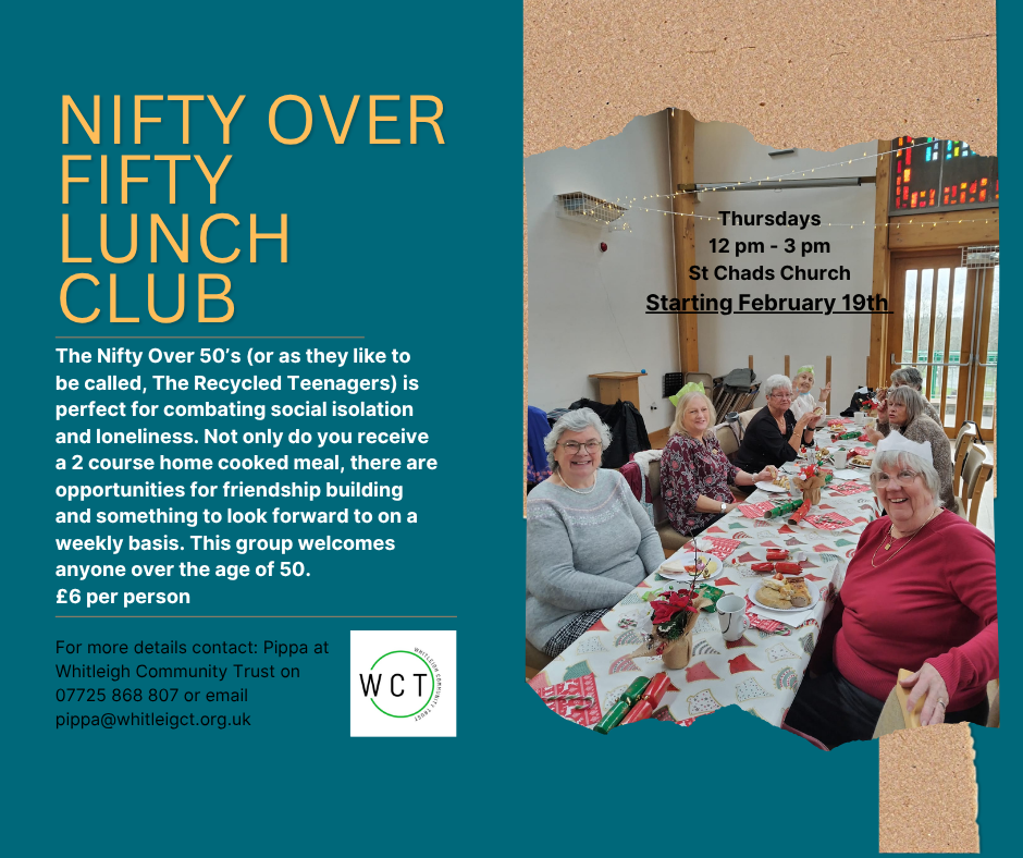 Flyer for Nifty Over 50 Lunch Club with colorful illustrated raised hands with hearts, a photo of seniors having lunch, and event details.
