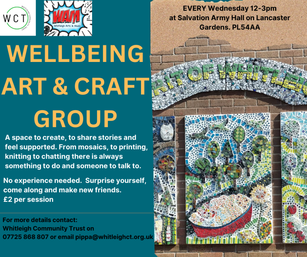 Flyer for Wellbeing Art Café advertising art and craft activities Wednesdays from 12PM to 3PM at Salvation Army.