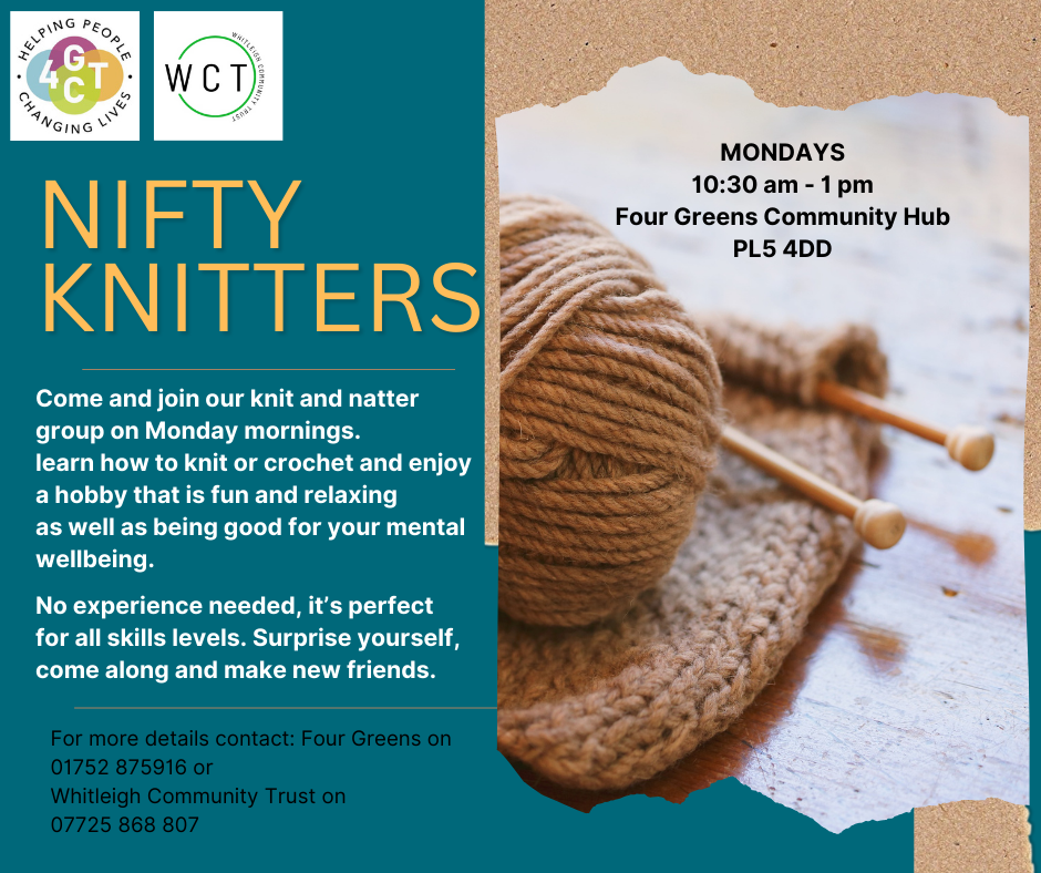 Flyer for a knitting group called Nifty Knitters, featuring a basket of yarn balls and knitting needles, and providing details about the group meeting on Mondays from 10am to 12pm at Four Greens Community Hub, PL5 4DD.