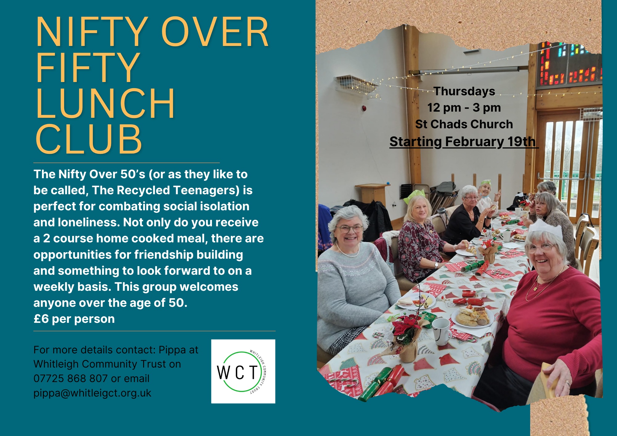 Flyer for Nifty Over 50 Lunch Club with colorful illustrated raised hands with hearts, a photo of seniors having lunch, and event details.