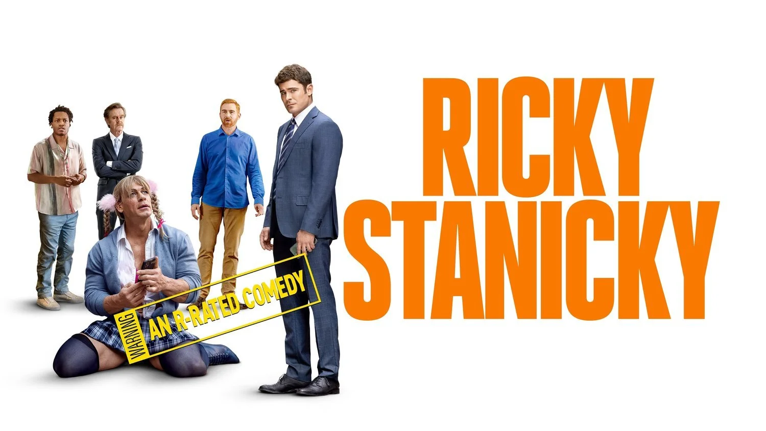 Poster for the comedy movie 'Ricky Stanicky' featuring five characters, including a woman with gray hair sitting on the floor with a phone and fantasy-like elements, and the title in large orange letters.