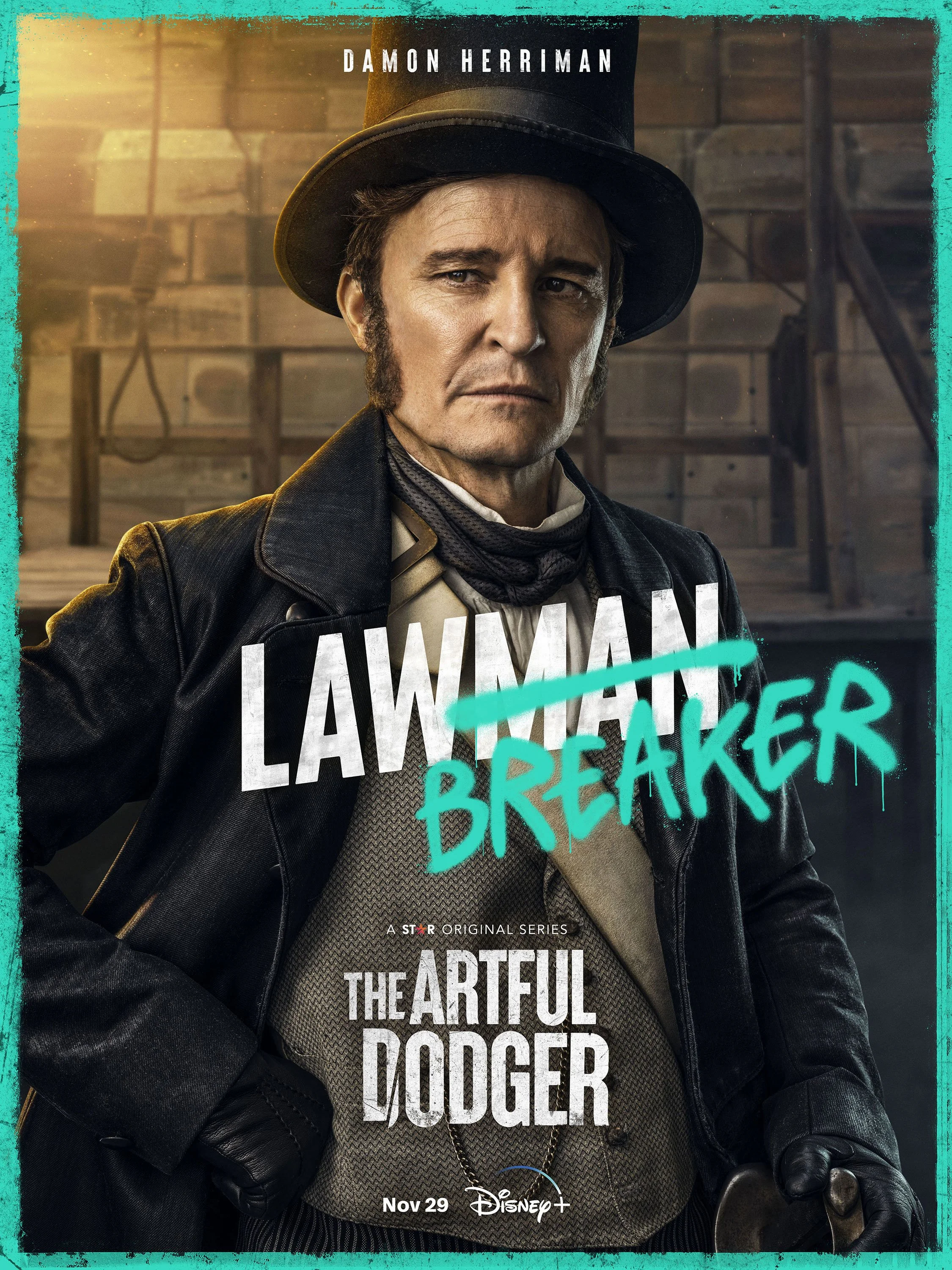 Poster for the TV series 'The Artful Dodger' featuring Damon Herriman dressed as a historical figure with a hat, leather coat, and gloves, standing in a workshop with wooden tools in the background.