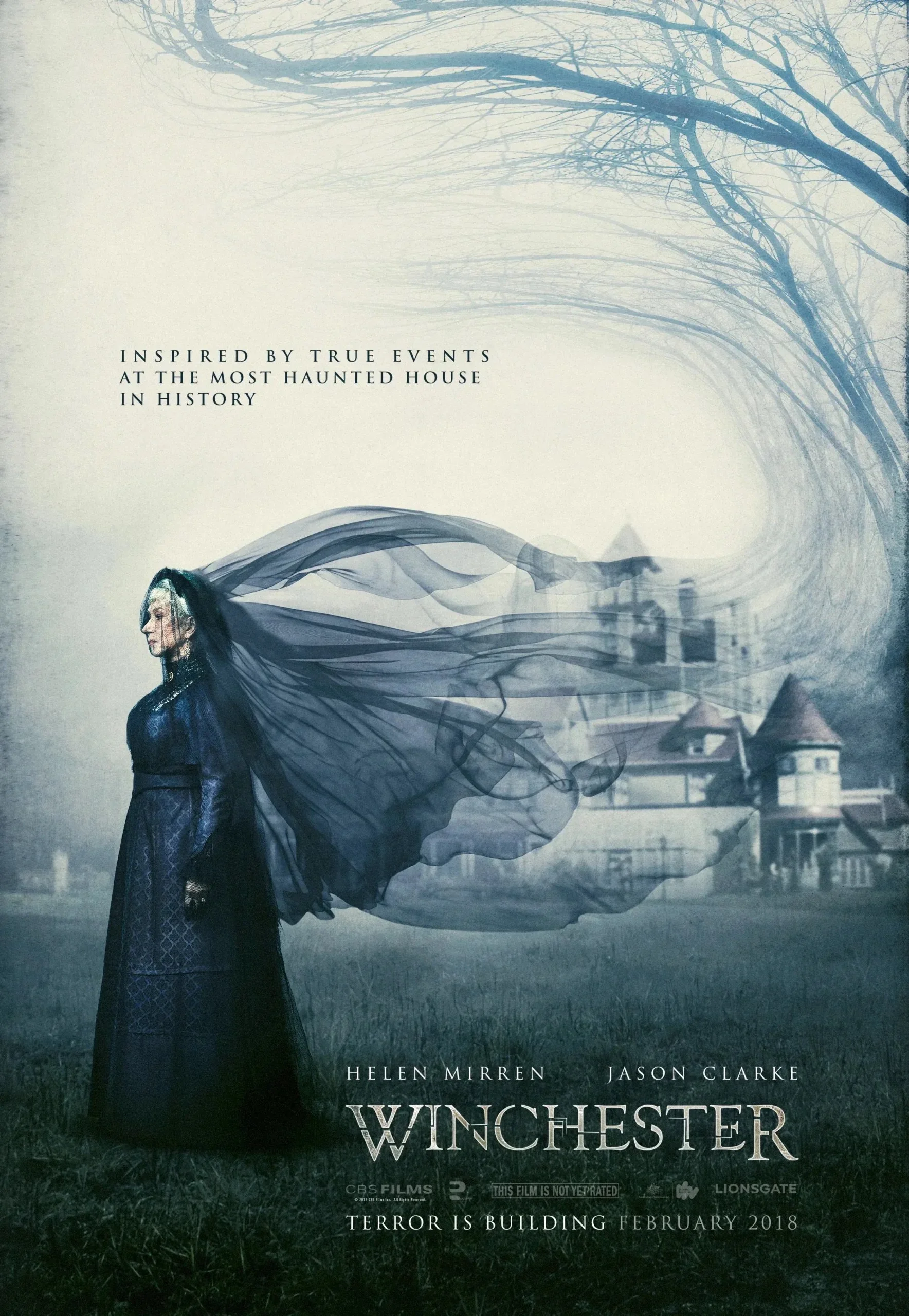 Movie poster for Winchester, featuring a woman with long dark hair in Victorian clothing, standing in front of a haunted house with a ghostly, swirling wind effect and barren trees. Text indicates it is inspired by true events, stars Helen Mirren and