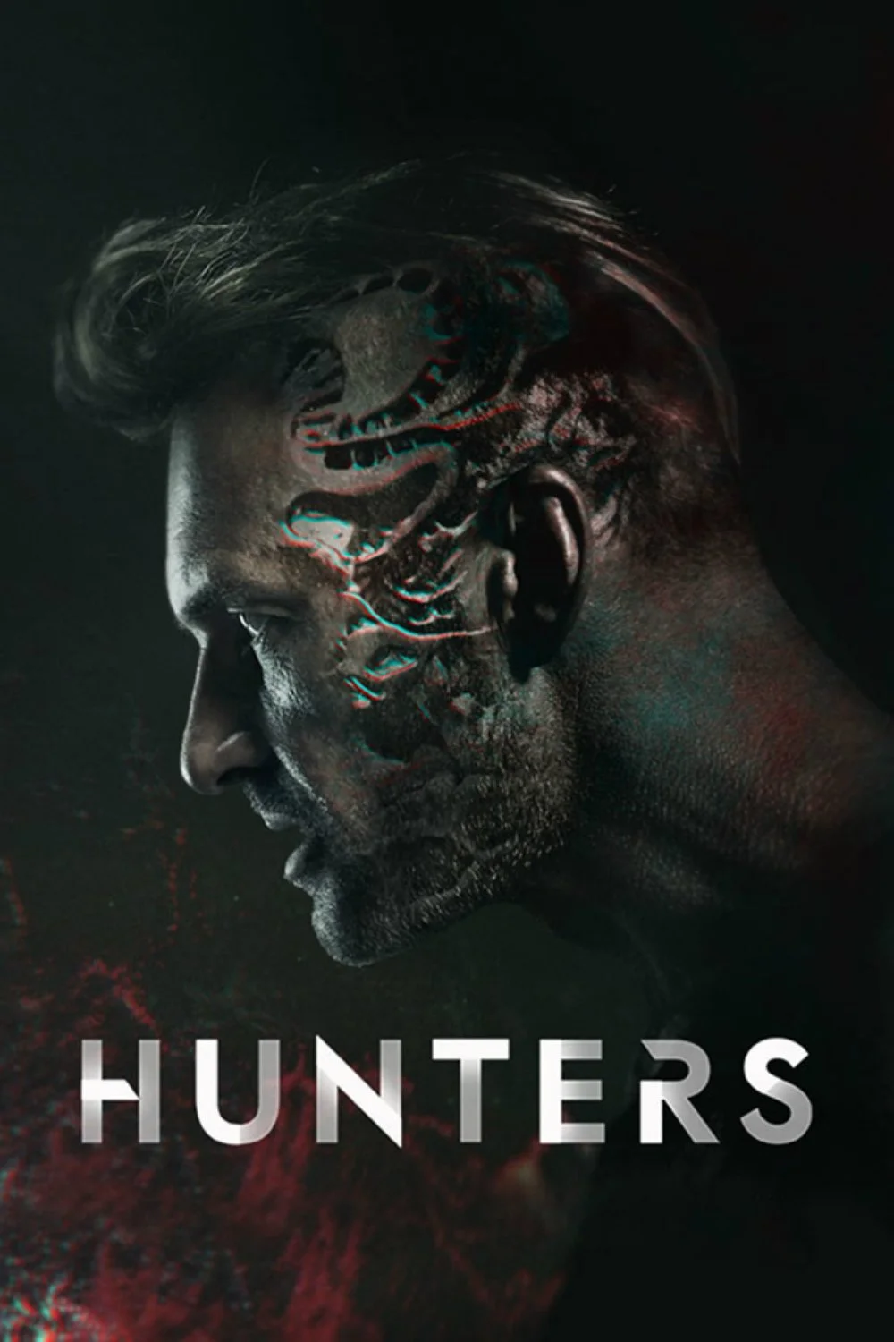 Promotional poster for the show 'Hunters', featuring a profile of a man's face with a sci-fi style brain and skull illustration over his head, with dark background and the title 'HUNTERS' at the bottom.