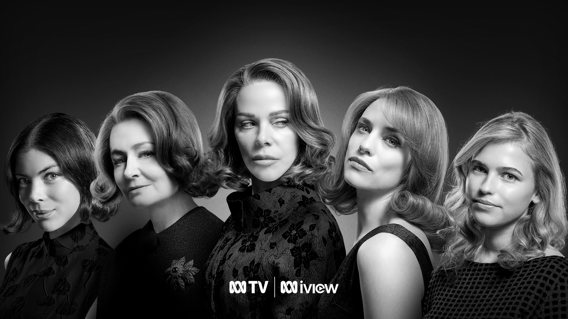 Black and white promotional photo of five women with vintage hairstyles, facing slightly to the right, with serious expressions. The logos for ABC TV and ABC iview are at the bottom.