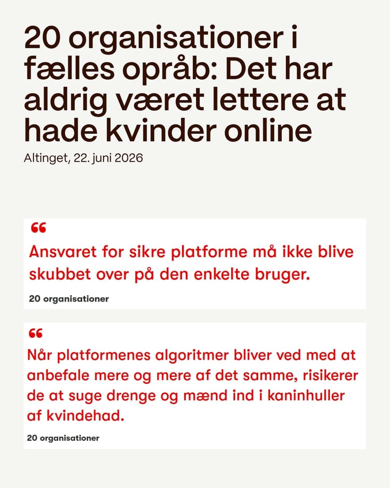 Vold mod piger og kvinder er udbredt. Ogs&aring; online, hvor de bliver afpresset, udnyttet, nedgjort, ydmyget og truet. Samtidig bliver hadet mod piger og kvinder normaliseret i hurtigt voksende kvindehadende netv&aelig;rk online.

Derfor g&aring;r 