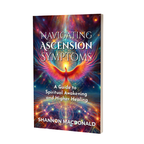Book cover titled 'Navigating Ascension Symptoms: A Guide to Spiritual Awakening and Higher Healing' by Shannon Macdonald, featuring a colorful cosmic background with a phoenix-like bird rising with outstretched wings.