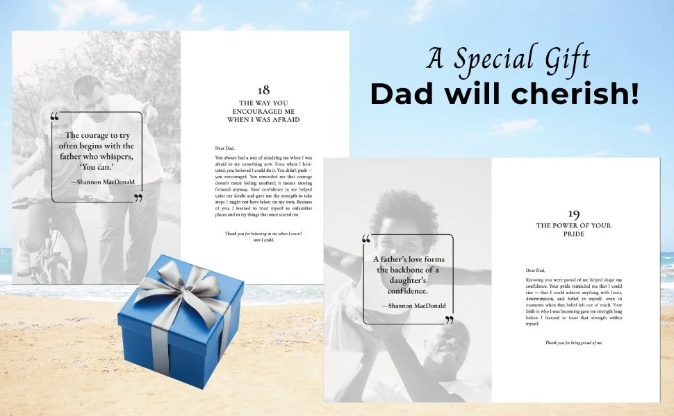 An image of a beach with a blue gift box with a silver ribbon in the foreground. Behind it, there are three pages of a heartfelt letter or card addressed to a dad, with the phrases "A Special Gift Dad will cherish!" and sections including quotes and reflections about fatherhood.