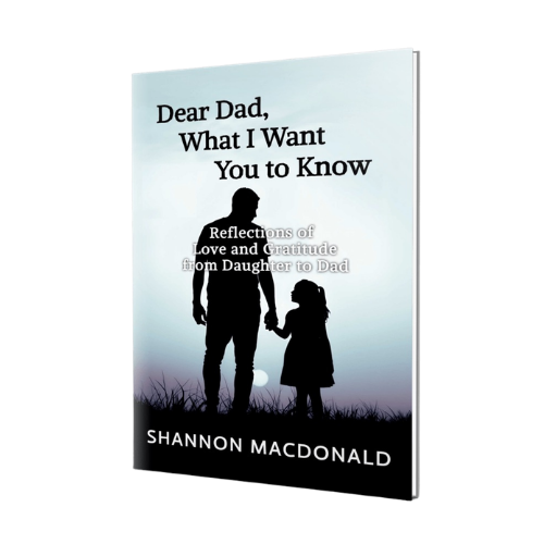 A book cover with the title 'Dear Dad, What I Want You to Know: Reflections of Love and Gratitude from Daughter to Dad' by Shannon MacDonald. The cover features a black silhouette of a father and daughter holding hands against a pastel background with a setting sun.