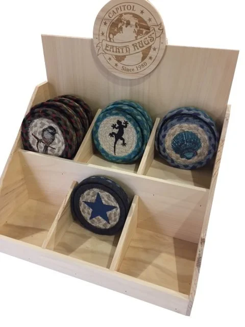 Compartment countertop display for coasters with round header