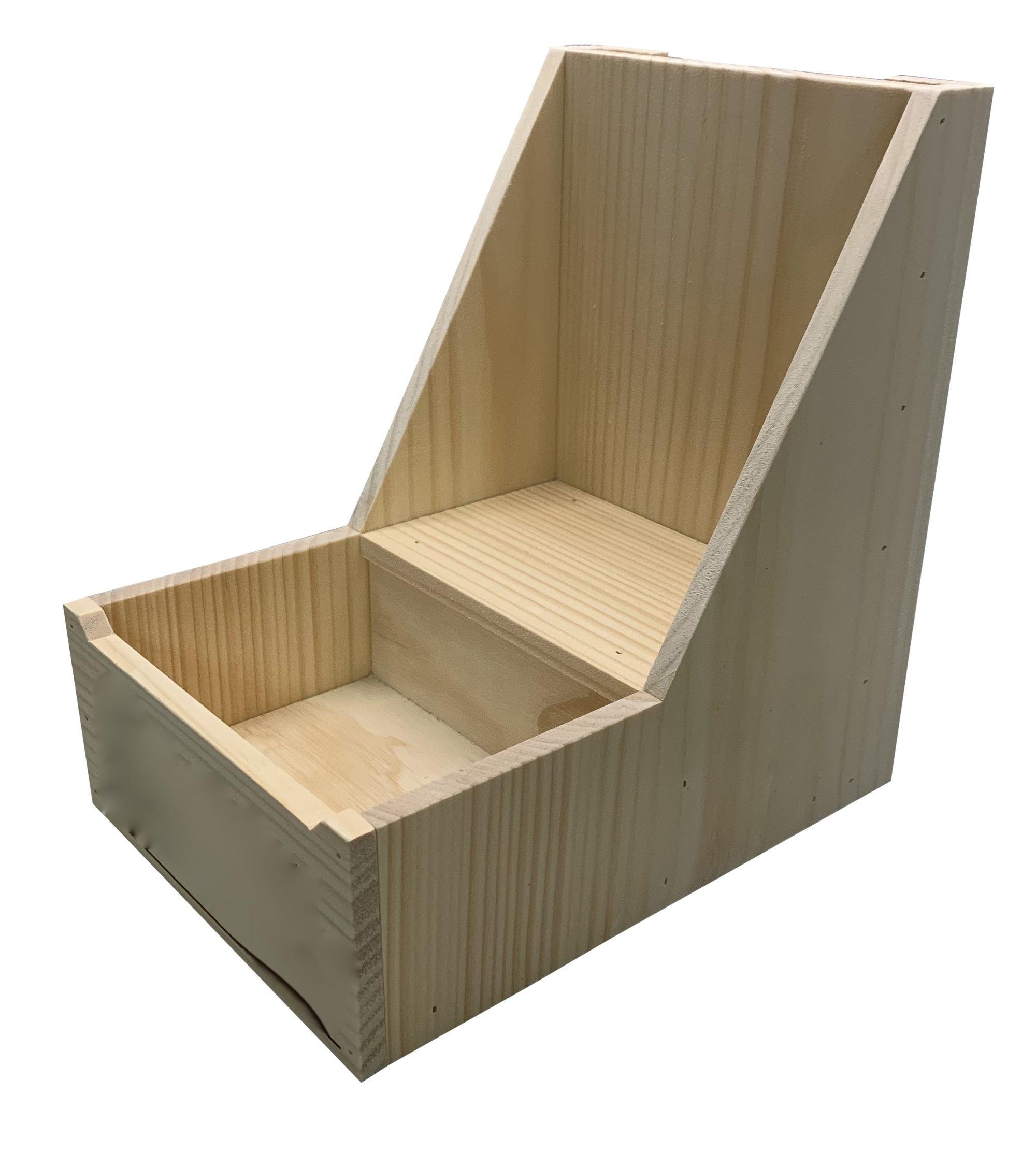 Angled pine countertop merchandiser with dump bin