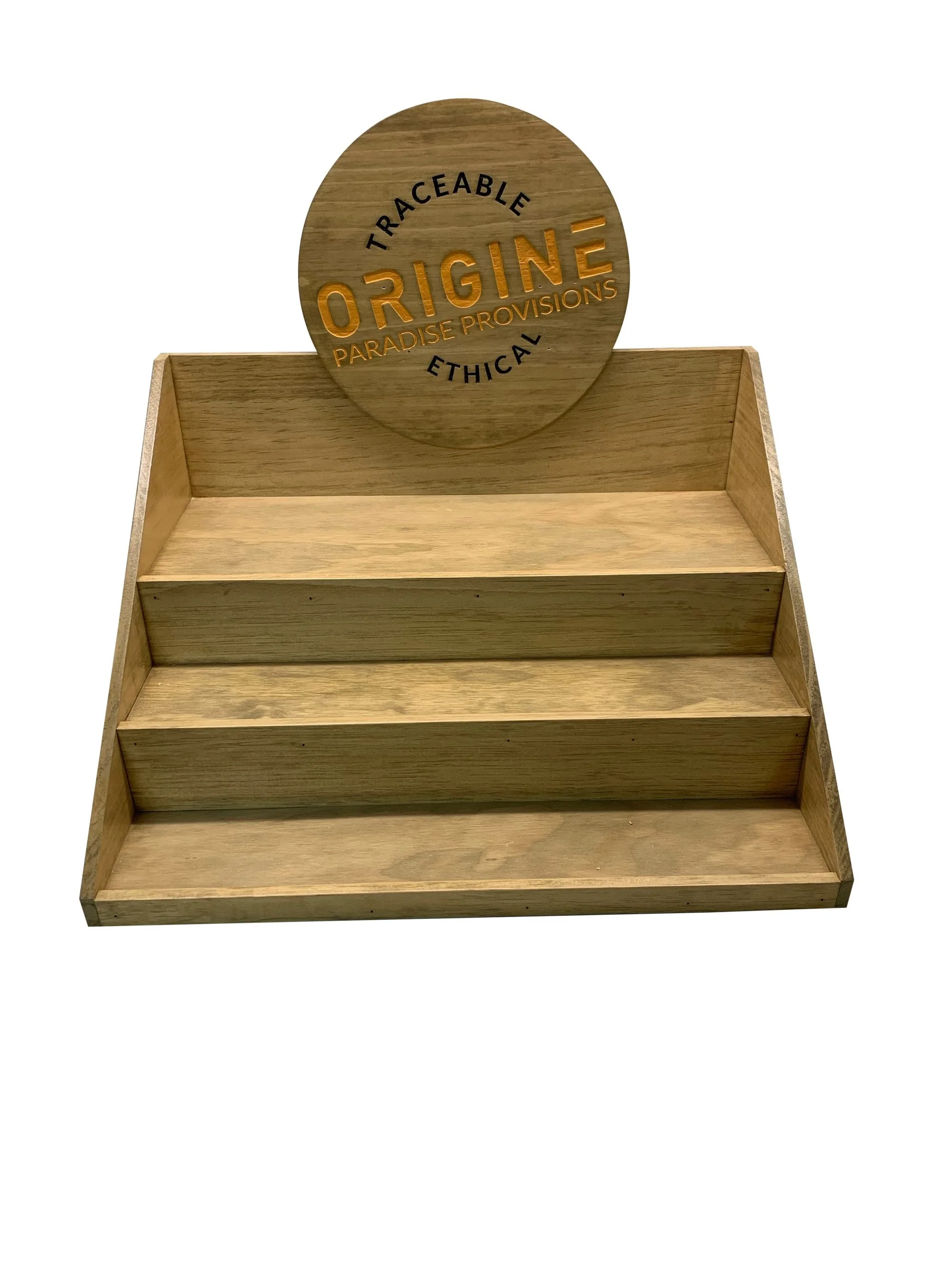 Three-tier stained countertop display with round header sign