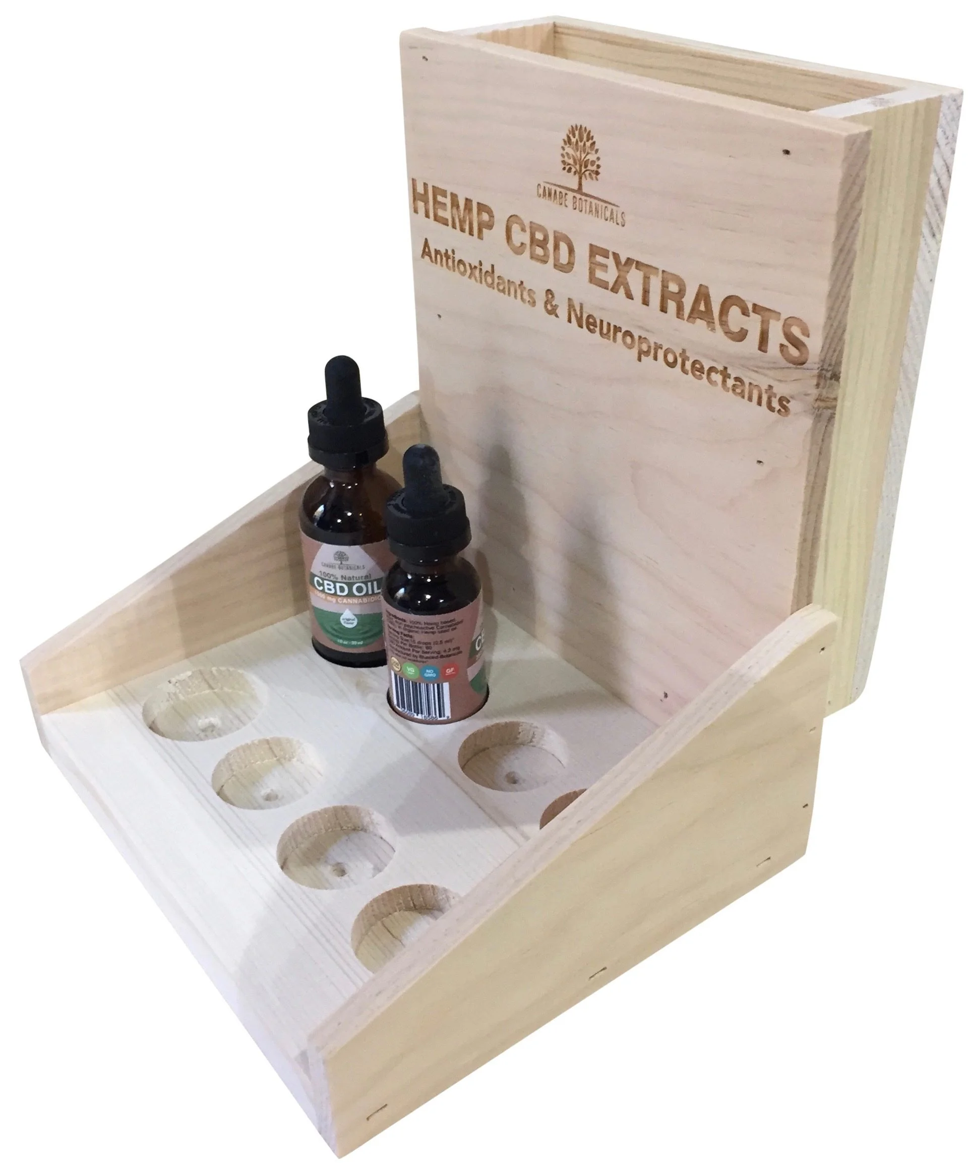 Pine counter display for dropper bottles with brochure pocket