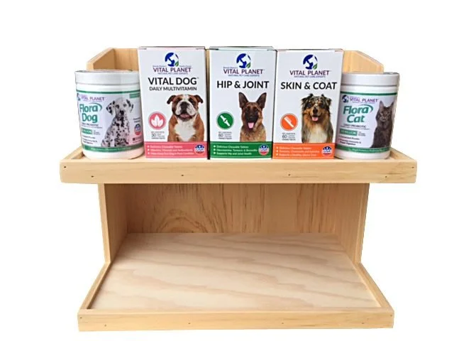 Two-shelf pine countertop display for pet products