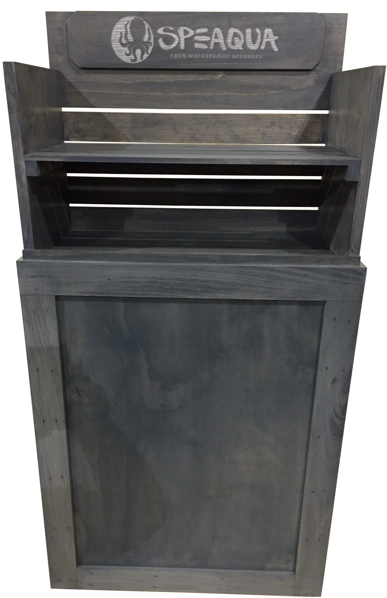 Gray stained floor display with crate shelf and cabinet base