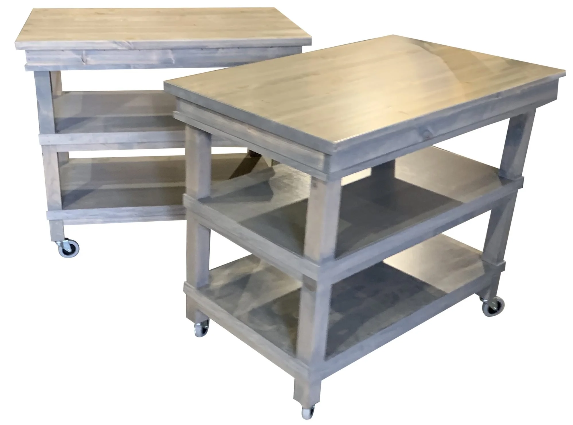 Gray rolling sample display carts with open shelves