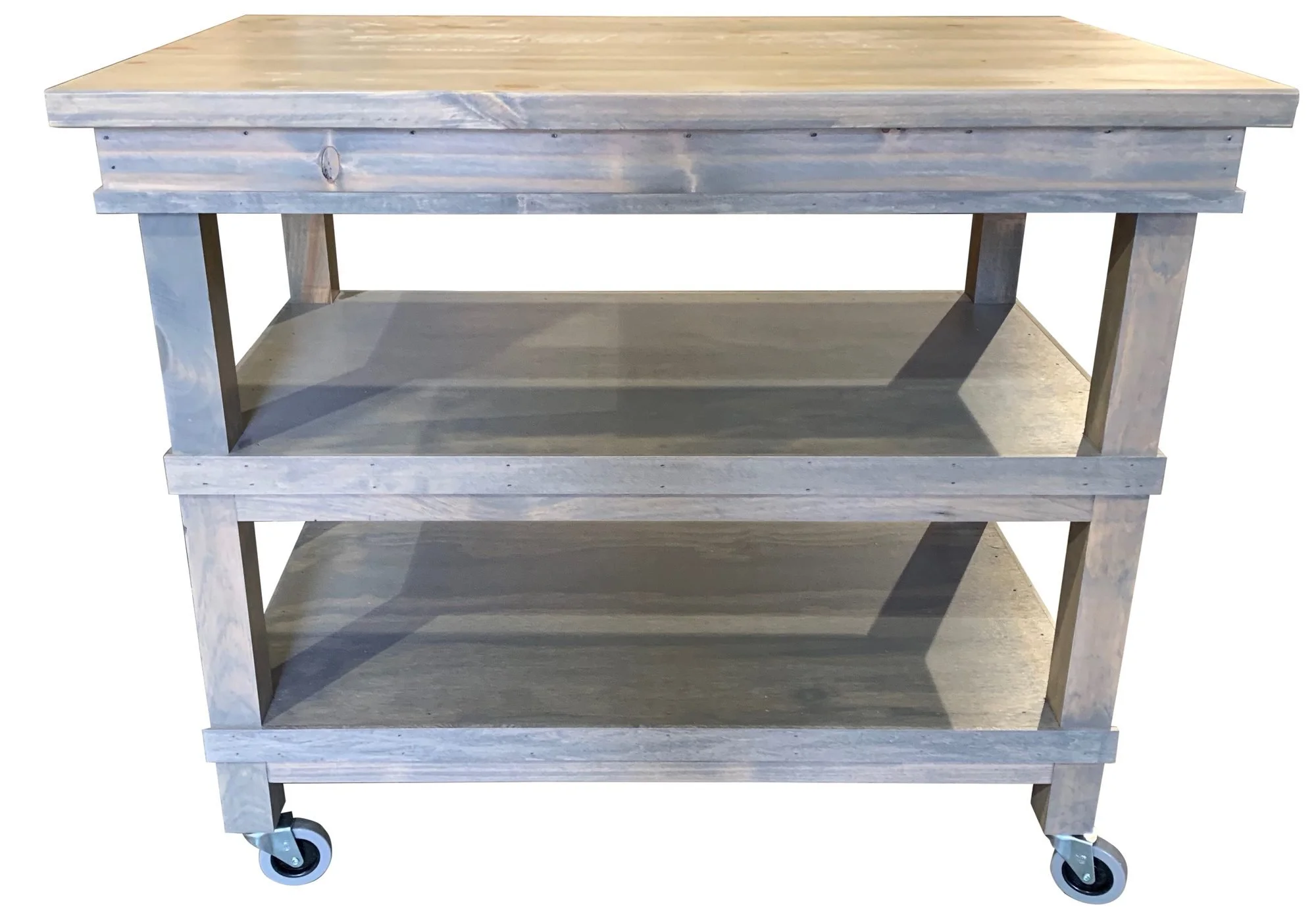 Weathered gray three-shelf rolling sample cart