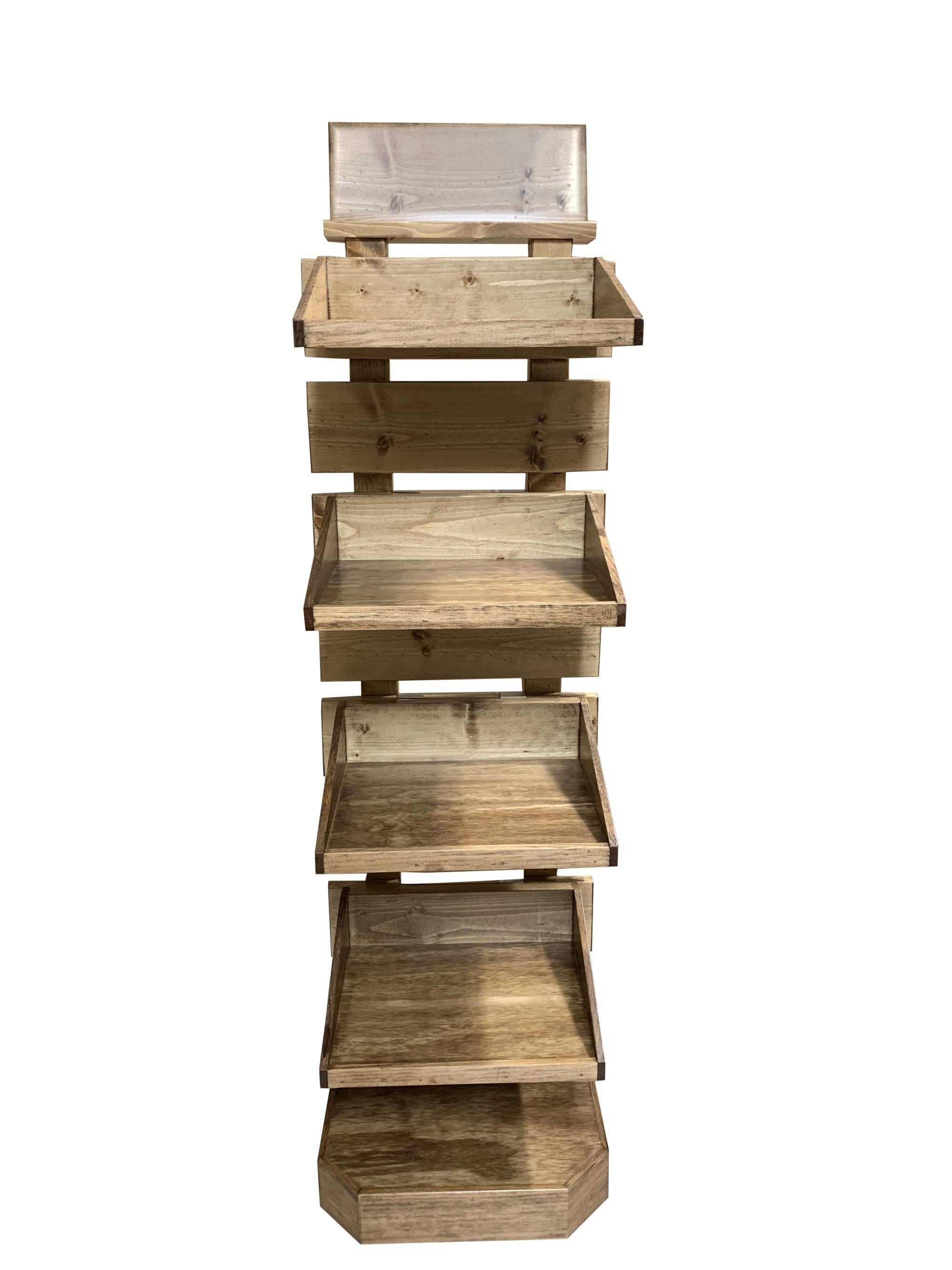 Tiered four-shelf rustic floor merchandiser with header sign