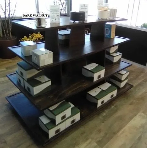 Dark walnut four-sided island gondola with tiered shelves